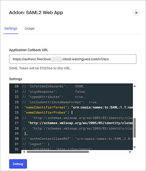Screenshot of Auth0, Settings of Addon SAML2 Web App